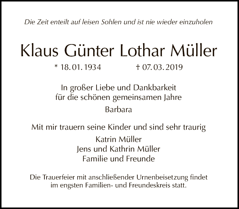  Traueranzeige für Klaus Günter Lothar Müller vom 07.04.2019 aus Tagesspiegel