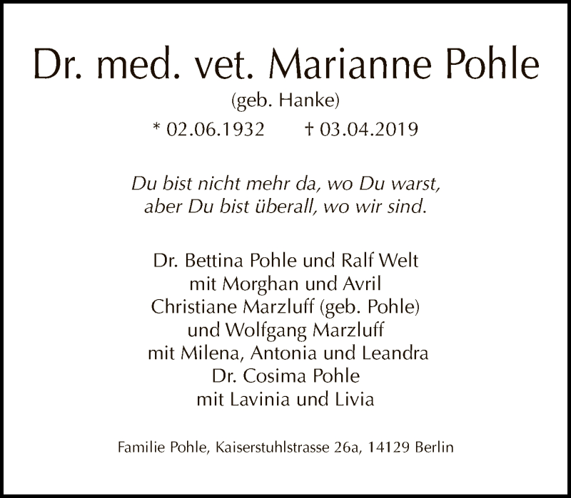  Traueranzeige für Marianne Pohle vom 14.04.2019 aus Tagesspiegel