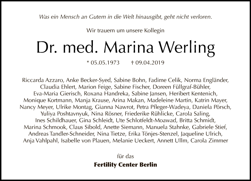  Traueranzeige für Marina Werling vom 21.04.2019 aus Tagesspiegel
