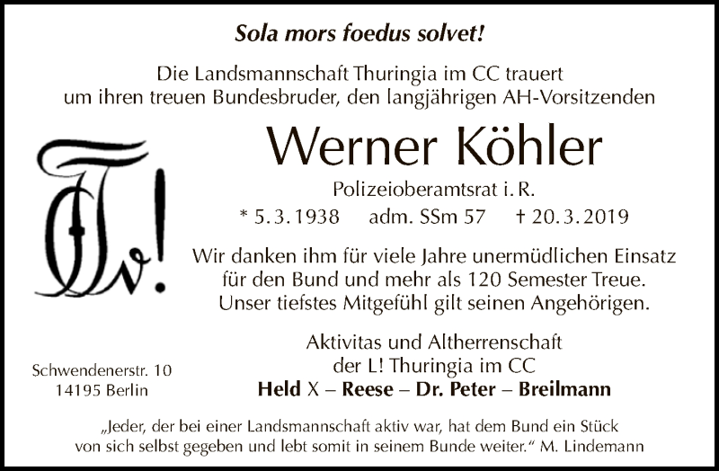  Traueranzeige für Werner Köhler vom 07.04.2019 aus Tagesspiegel