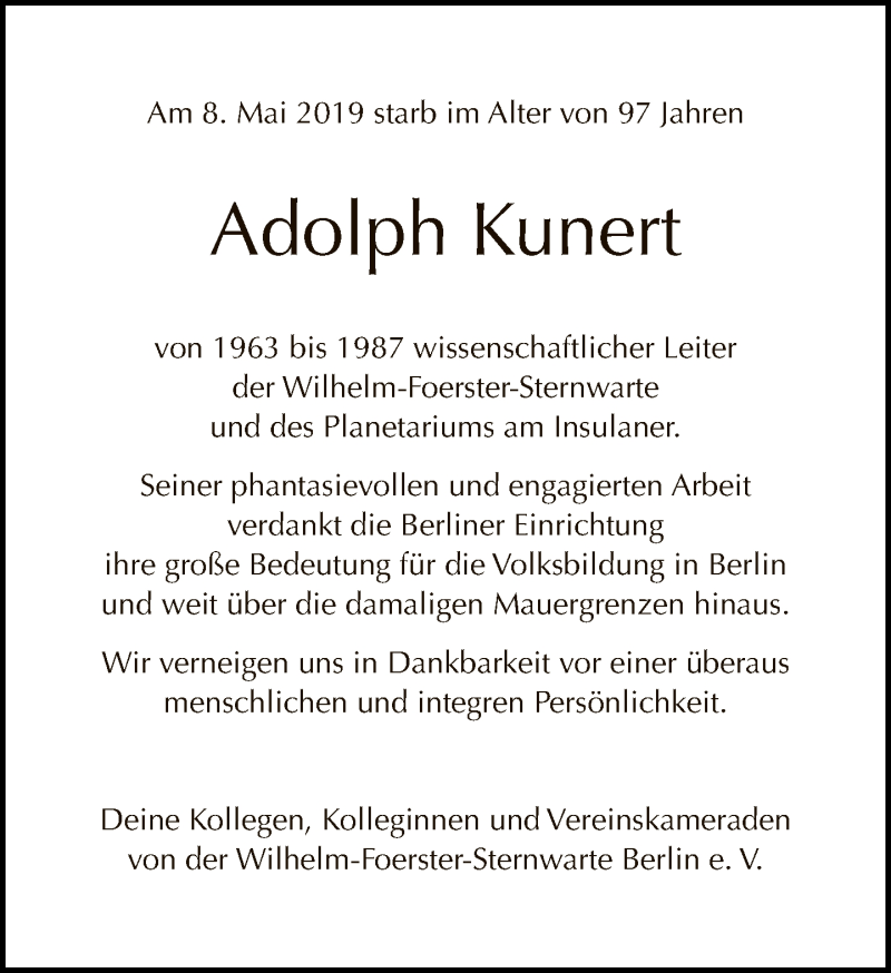  Traueranzeige für Adolph Kunert vom 19.05.2019 aus Tagesspiegel