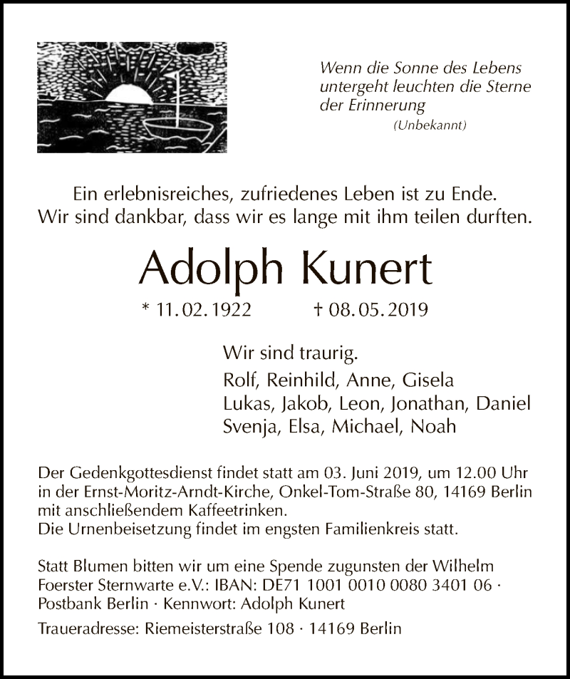  Traueranzeige für Adolph Kunert vom 19.05.2019 aus Tagesspiegel