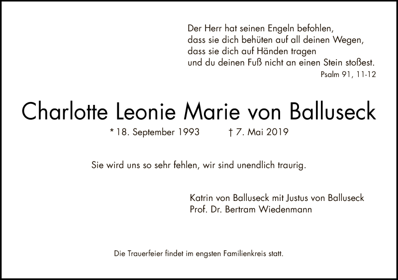  Traueranzeige für Charlotte Leonie Marie von Balluseck vom 12.05.2019 aus Tagesspiegel