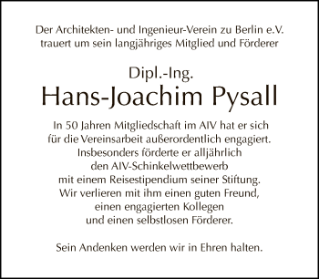 Traueranzeige von Hans-Joachim Pysall von Tagesspiegel