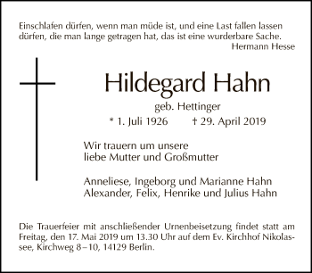 Traueranzeige von Hildegard Hahn von Tagesspiegel