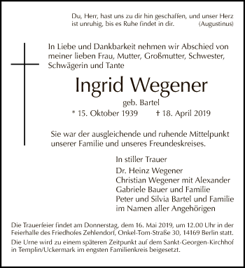 Traueranzeige von Ingrid Wegener von Tagesspiegel