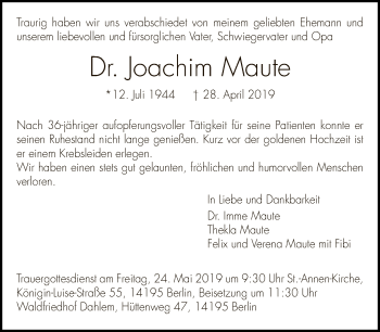 Traueranzeige von Joachim Maute von Tagesspiegel