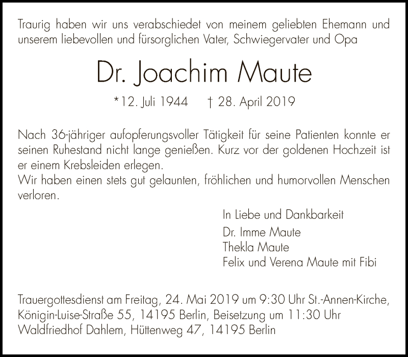  Traueranzeige für Joachim Maute vom 12.05.2019 aus Tagesspiegel