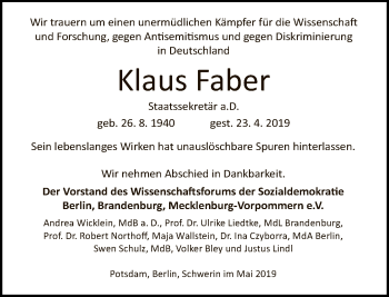 Traueranzeige von Klaus Faber von Tagesspiegel