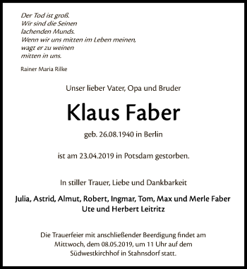 Traueranzeige von Klaus Faber von Tagesspiegel