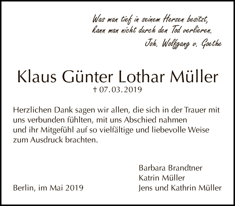  Traueranzeige für Klaus Günter Lothar Müller vom 05.05.2019 aus Tagesspiegel