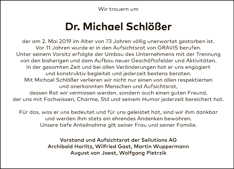  Traueranzeige für Michael Schlößer vom 12.05.2019 aus Tagesspiegel