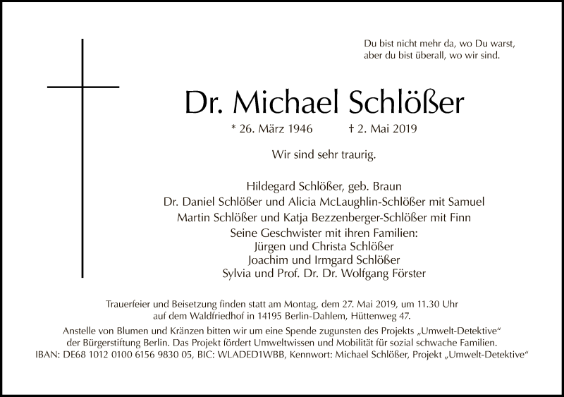  Traueranzeige für Michael Schlößer vom 19.05.2019 aus Tagesspiegel
