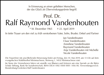 Traueranzeige von Ralf Raymond Vandenhouten von Tagesspiegel