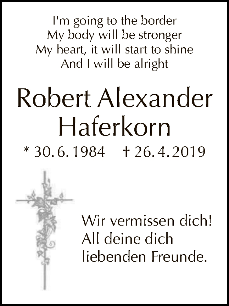  Traueranzeige für Robert Alexander  Haferkorn vom 26.05.2019 aus Tagesspiegel