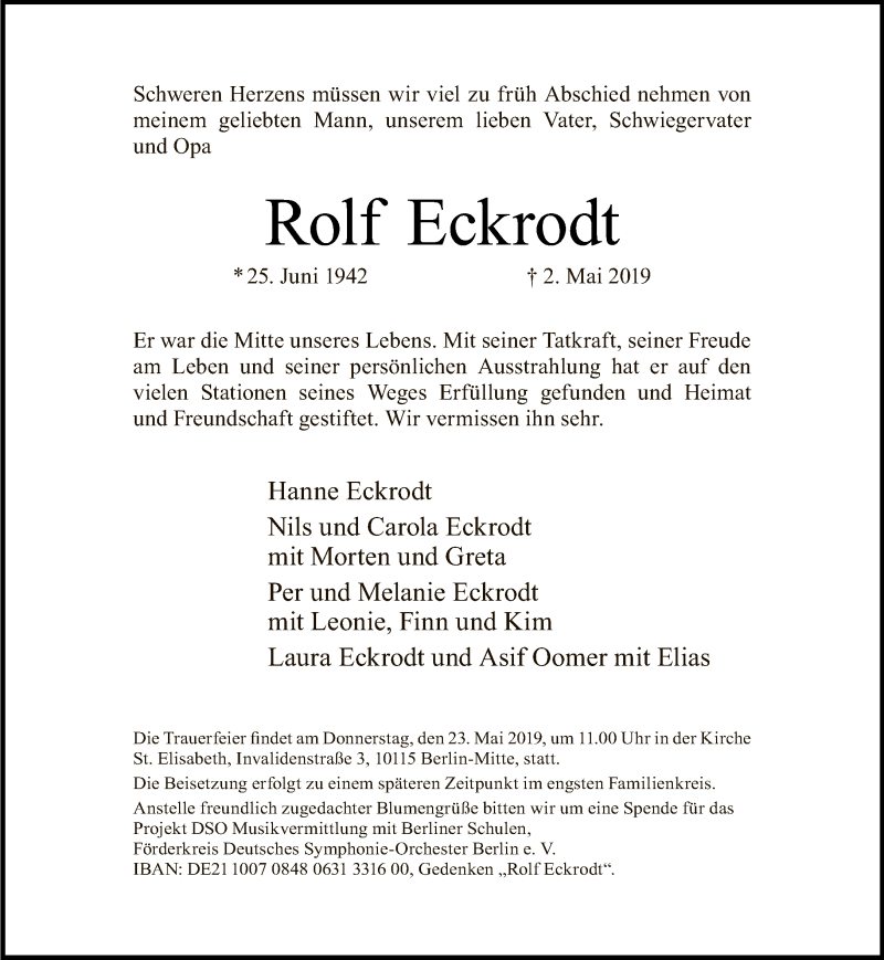  Traueranzeige für Rolf Eckrodt vom 12.05.2019 aus Tagesspiegel