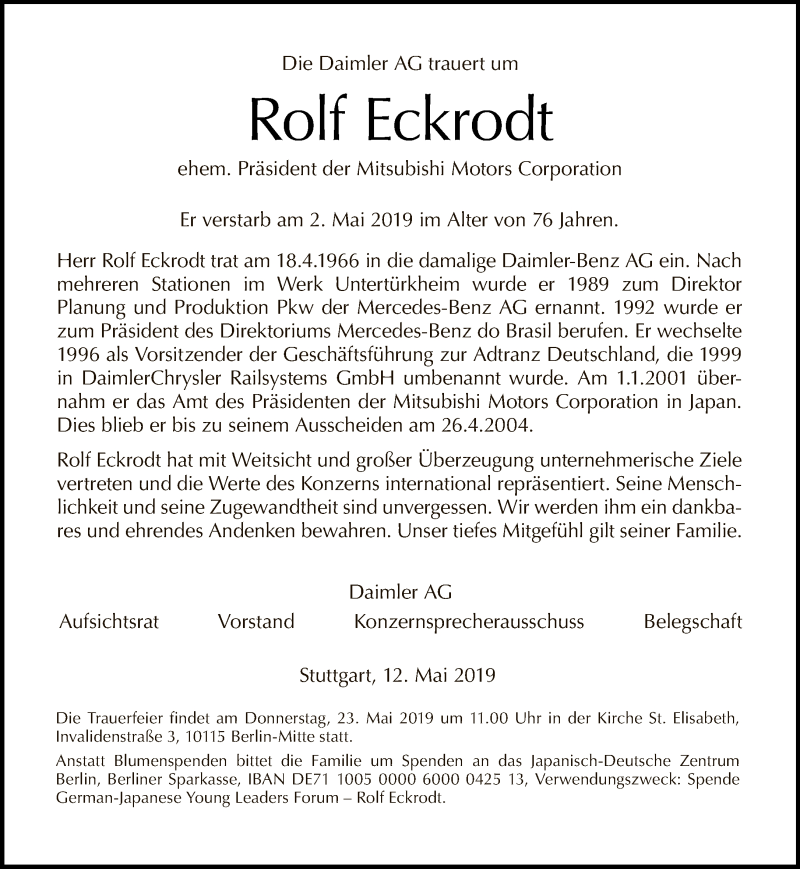  Traueranzeige für Rolf Eckrodt vom 12.05.2019 aus Tagesspiegel