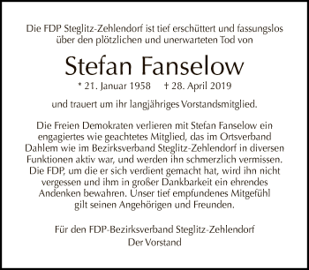 Traueranzeige von Stefan Fanselow von Tagesspiegel