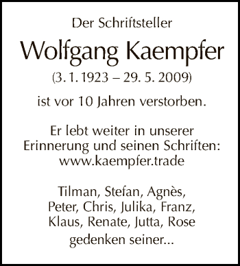 Traueranzeige von Wolfgang Kaempfer von Tagesspiegel