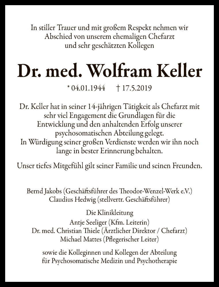  Traueranzeige für Wolfram Keller vom 26.05.2019 aus Tagesspiegel