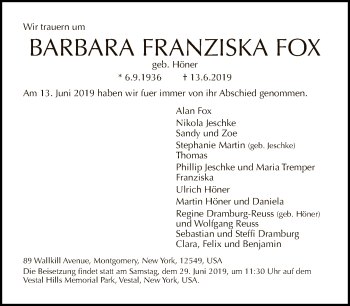 Traueranzeige von Barbara Franziska Fox von Tagesspiegel