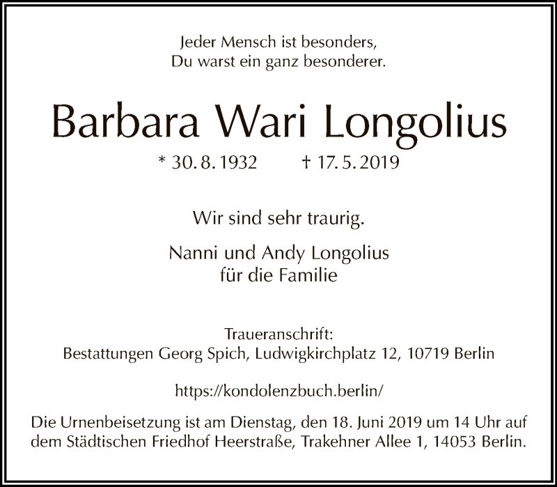  Traueranzeige für Barbara Wari Longolius vom 16.06.2019 aus Tagesspiegel