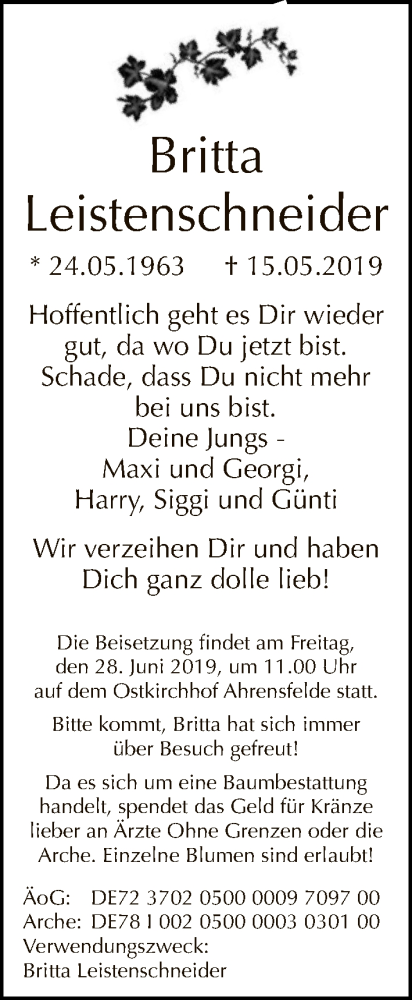  Traueranzeige für Britta Leistenschneider vom 09.06.2019 aus Tagesspiegel
