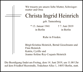 Traueranzeige von Christa Ingrid Heinrich von Tagesspiegel