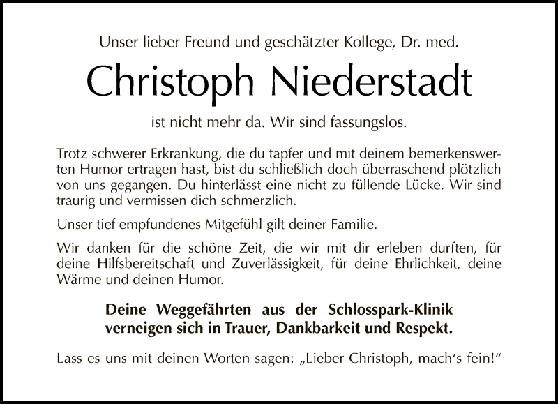  Traueranzeige für Christoph Niederstadt vom 16.06.2019 aus Tagesspiegel