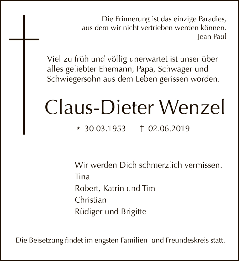  Traueranzeige für Claus-Dieter Wenzel vom 09.06.2019 aus Tagesspiegel
