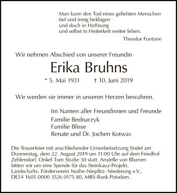 Traueranzeige von Erika Bruhns von Tagesspiegel