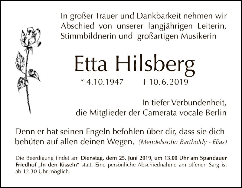  Traueranzeige für Etta Hilsberg vom 23.06.2019 aus Tagesspiegel