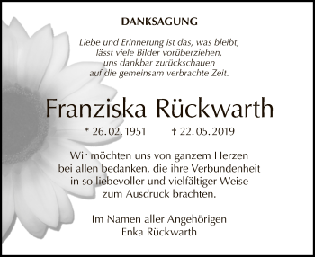 Traueranzeige von Franziska Rückwarth von Tagesspiegel