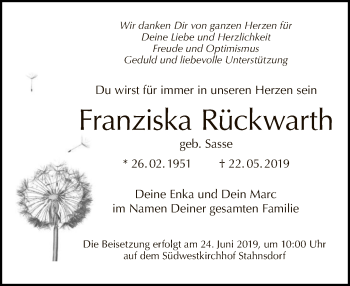 Traueranzeige von Franziska Rückwarth von Tagesspiegel