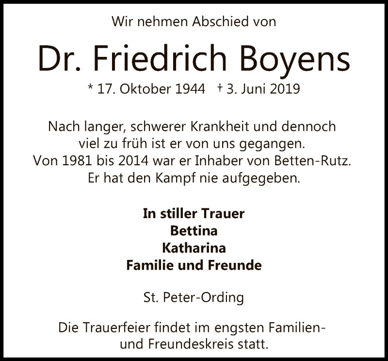  Traueranzeige für Dr. Friedrich Boyens vom 09.06.2019 aus Tagesspiegel