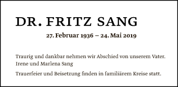 Traueranzeige von Fritz Sang von Tagesspiegel