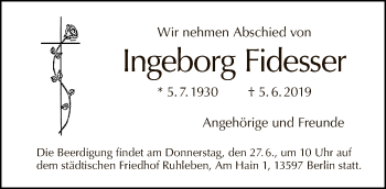 Traueranzeige von Ingeborg Fidesser von Tagesspiegel