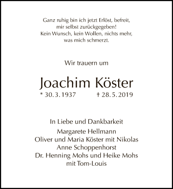 Traueranzeige von Joachim Köster von Tagesspiegel