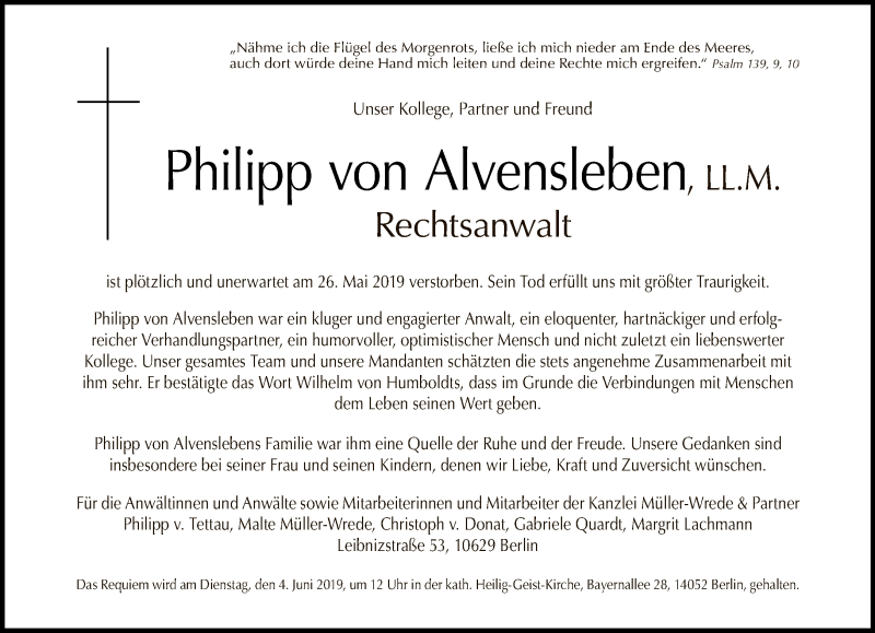  Traueranzeige für Philipp von Alvensleben vom 02.06.2019 aus Tagesspiegel