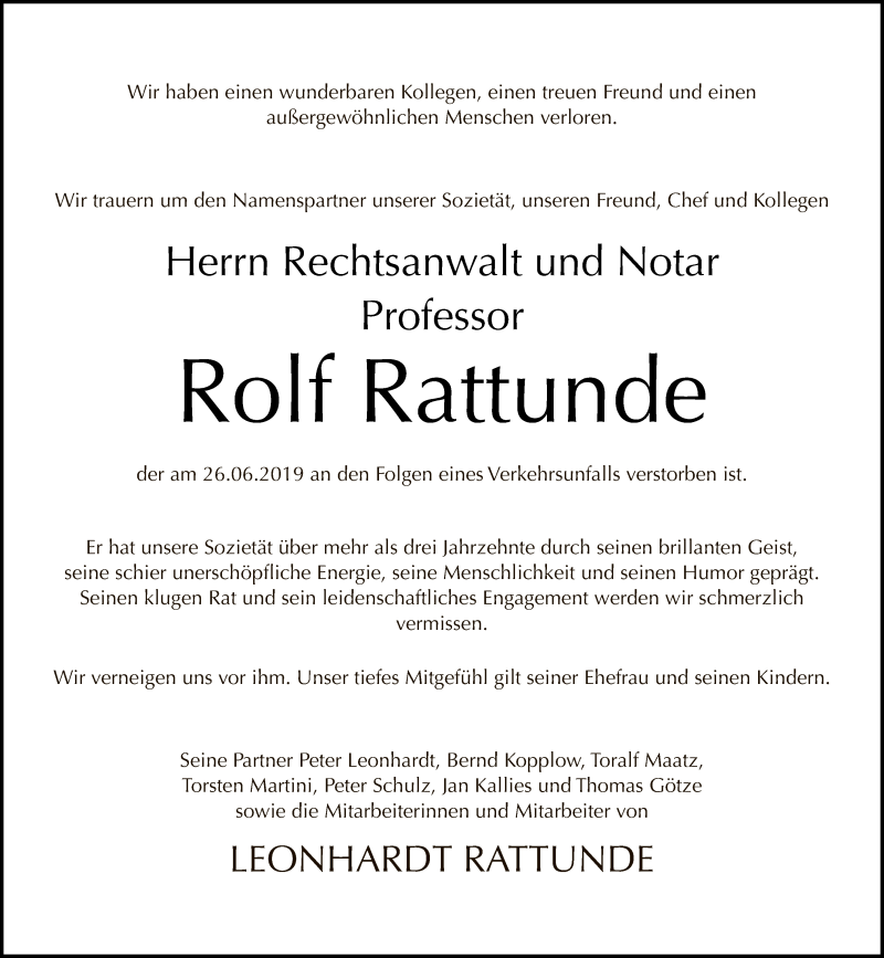  Traueranzeige für Rolf Rattunde vom 30.06.2019 aus Tagesspiegel