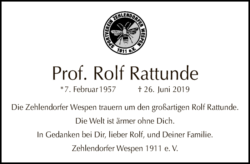  Traueranzeige für Rolf Rattunde vom 30.06.2019 aus Tagesspiegel
