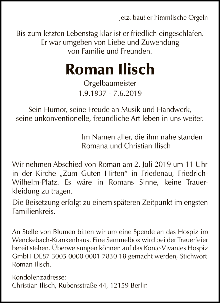  Traueranzeige für Roman Ilisch vom 16.06.2019 aus Tagesspiegel