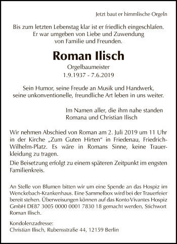 Traueranzeige von Roman Ilisch von Tagesspiegel