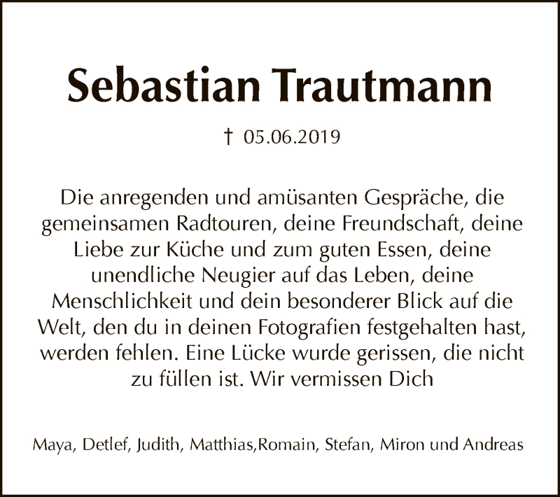  Traueranzeige für Sebastian Trautmann vom 09.06.2019 aus Tagesspiegel