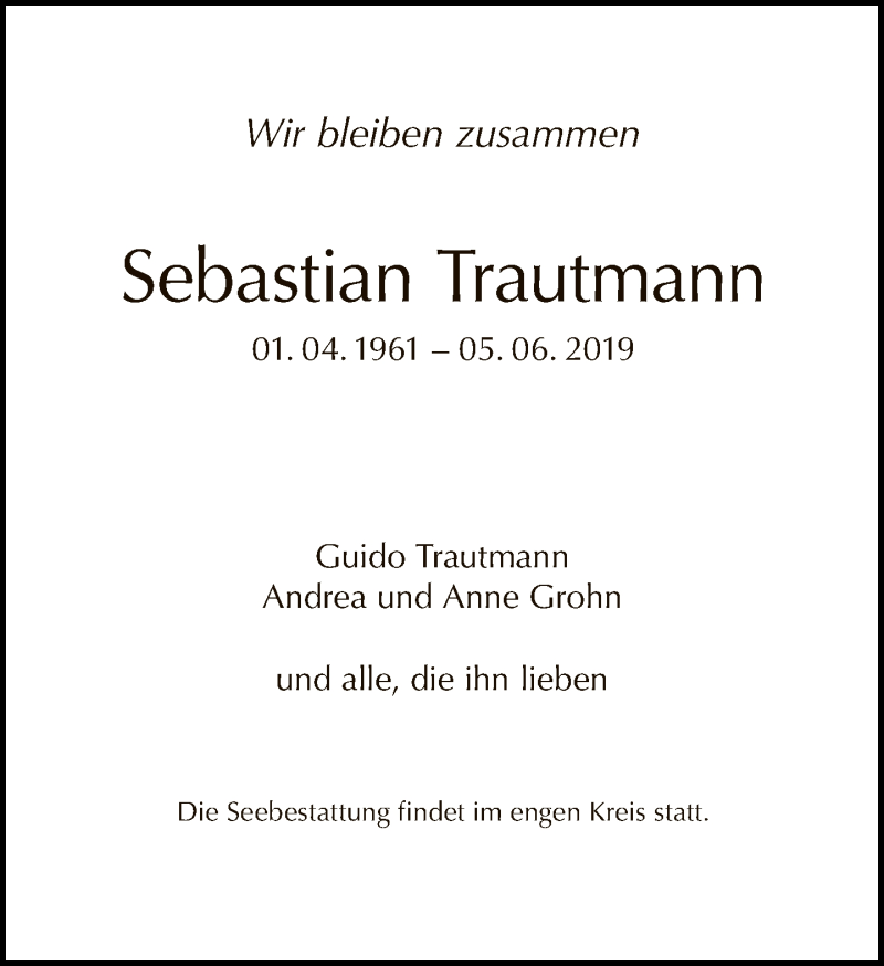  Traueranzeige für Sebastian Trautmann vom 16.06.2019 aus Tagesspiegel