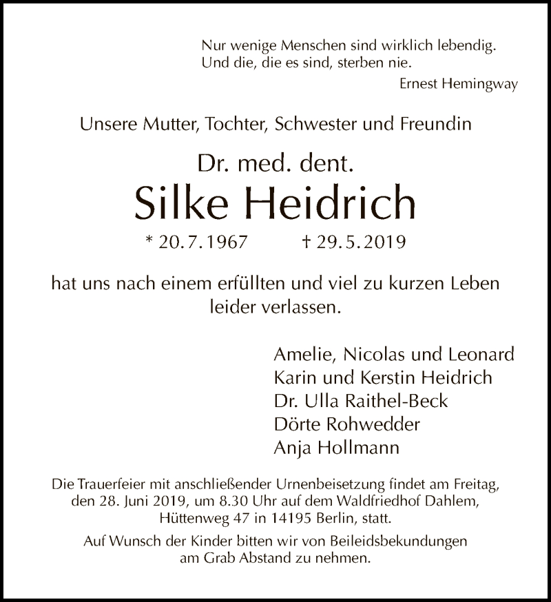  Traueranzeige für Silke Heidrich vom 09.06.2019 aus Tagesspiegel