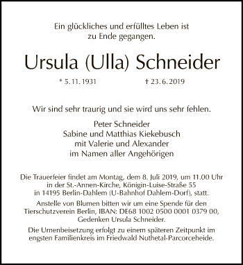 Traueranzeige von Ursula Schneider von Tagesspiegel