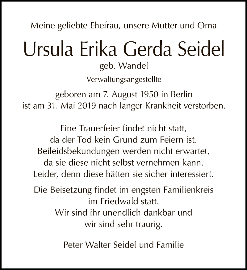  Traueranzeige für Ursula Erika Gerda Seidel vom 16.06.2019 aus Tagesspiegel