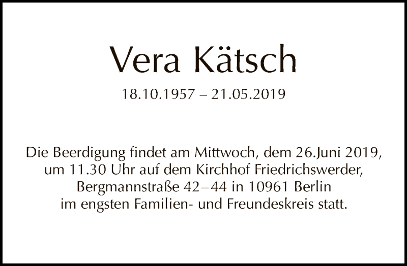  Traueranzeige für Vera Kätsch vom 09.06.2019 aus Tagesspiegel