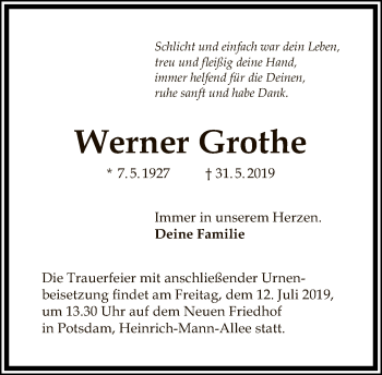 Traueranzeige von Werner Grothe von Tagesspiegel